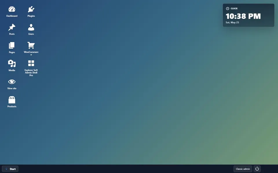 WordPress admin desktop interface with icons, clock widget and taskbar