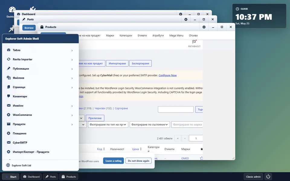 Modern Start menu overlay and windowed WordPress admin screens